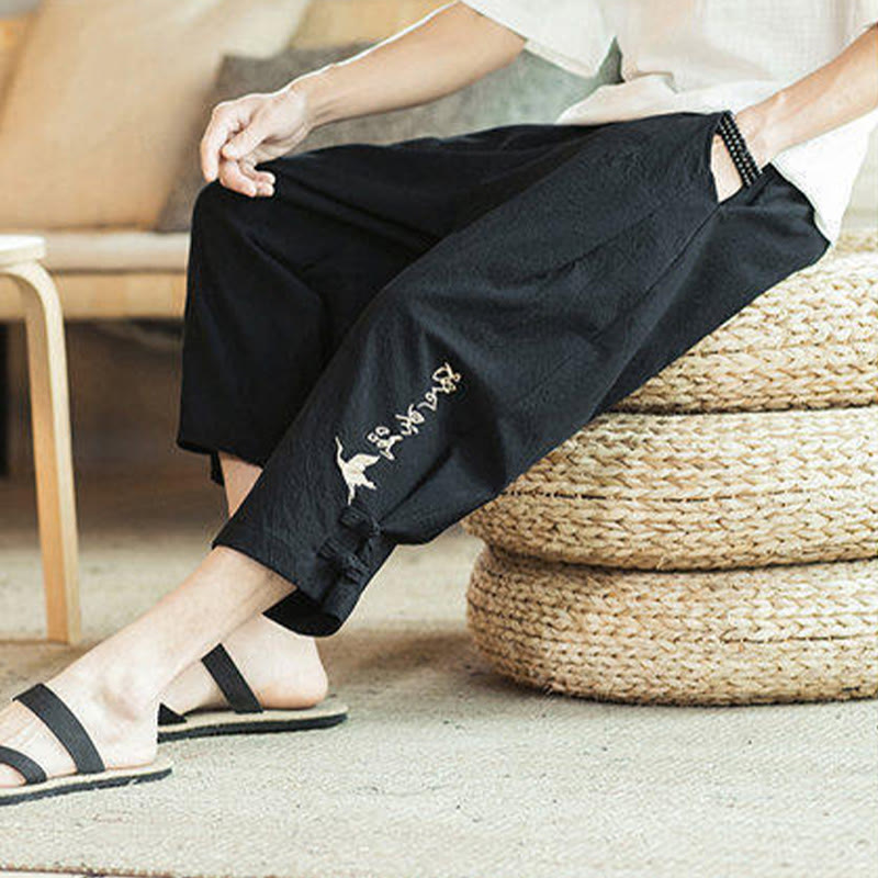 Buddha Stones Pantaloni harem da uomo in cotone con ricamo a gru e tasche - image 27