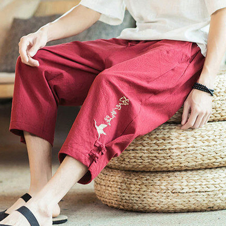 Buddha Stones Pantaloni harem da uomo in cotone con ricamo a gru e tasche - image 36