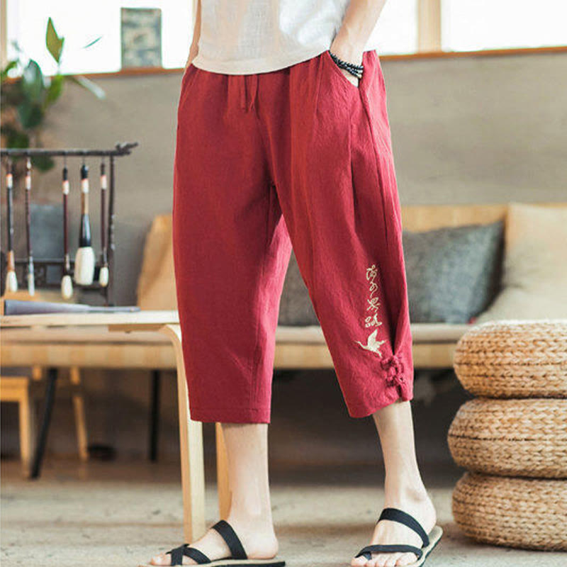 Buddha Stones Pantaloni harem da uomo in cotone con ricamo a gru e tasche - image 35