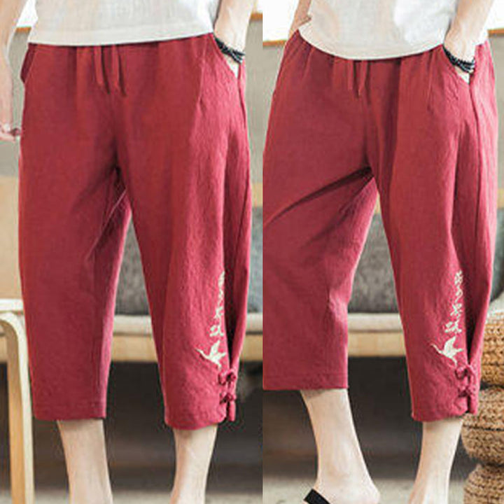 Buddha Stones Pantaloni harem da uomo in cotone con ricamo a gru e tasche - image 34