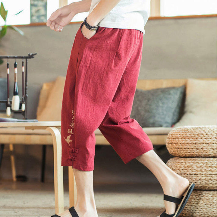 Buddha Stones Pantaloni harem da uomo in cotone con ricamo a gru e tasche - image 37