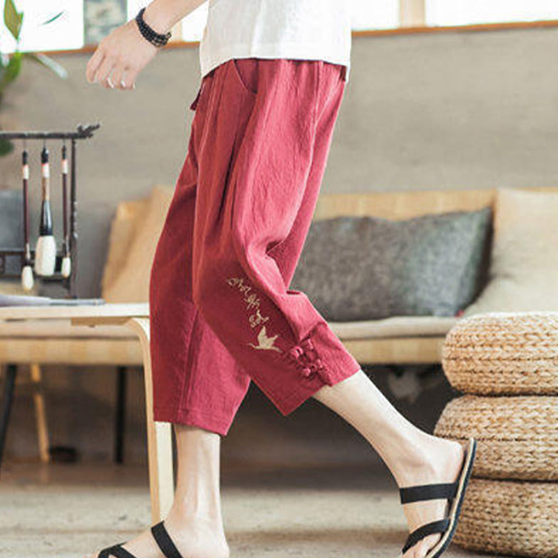 Buddha Stones Pantaloni harem da uomo in cotone con ricamo a gru e tasche - image 38