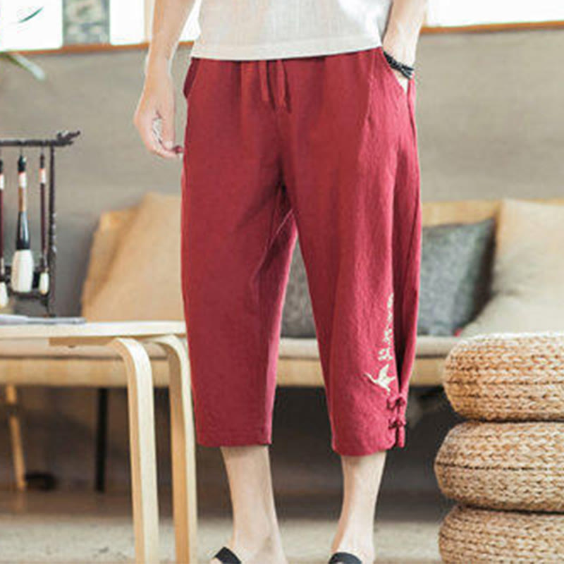 Buddha Stones Pantaloni harem da uomo in cotone con ricamo a gru e tasche - image 39