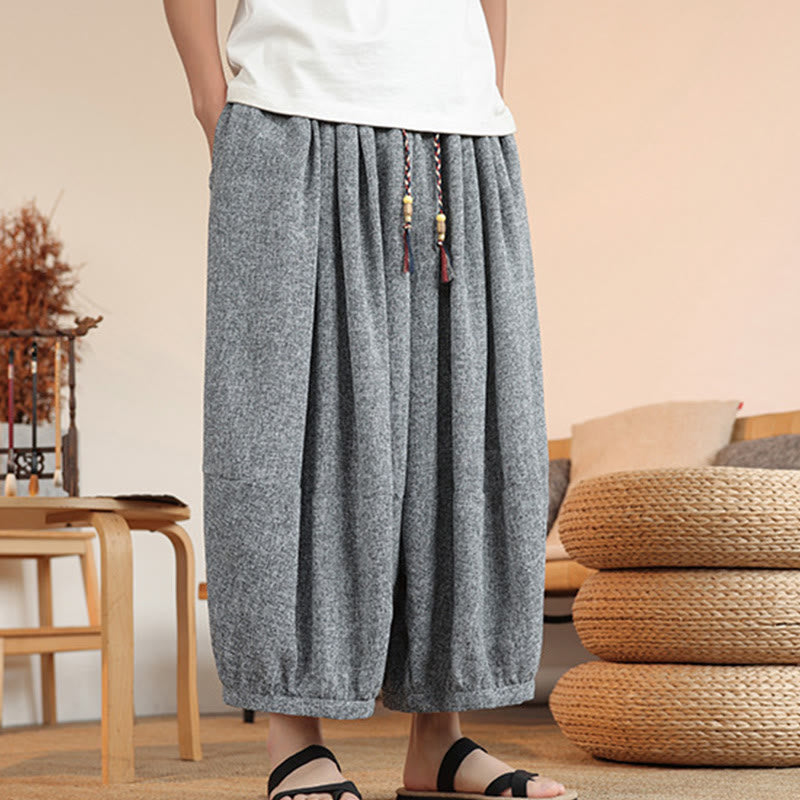Pantaloni harem da uomo alla caviglia con coulisse, con ricamo Buddha Stones Summer Characters e tasche
