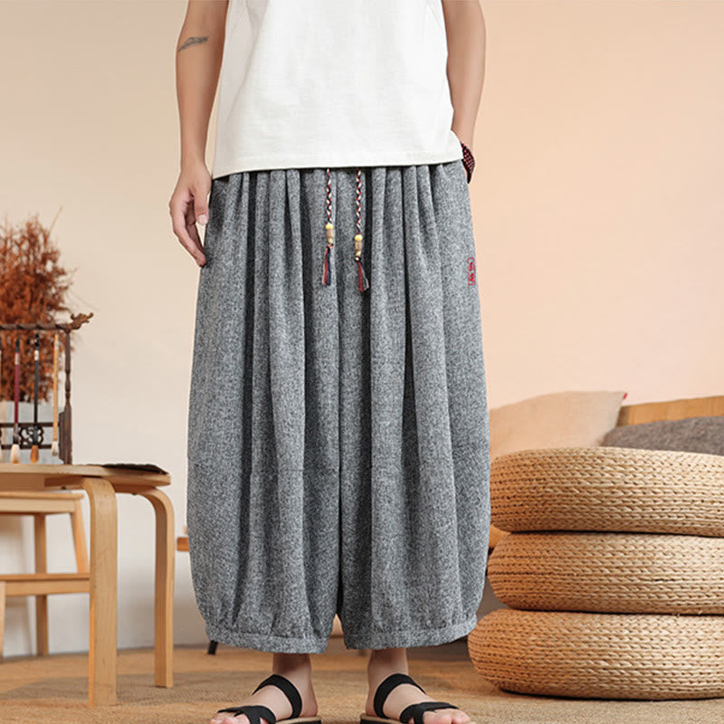 Pantaloni harem da uomo alla caviglia con coulisse, con ricamo Buddha Stones Summer Characters e tasche