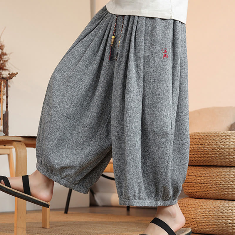 Pantaloni harem da uomo alla caviglia con coulisse, con ricamo Buddha Stones Summer Characters e tasche