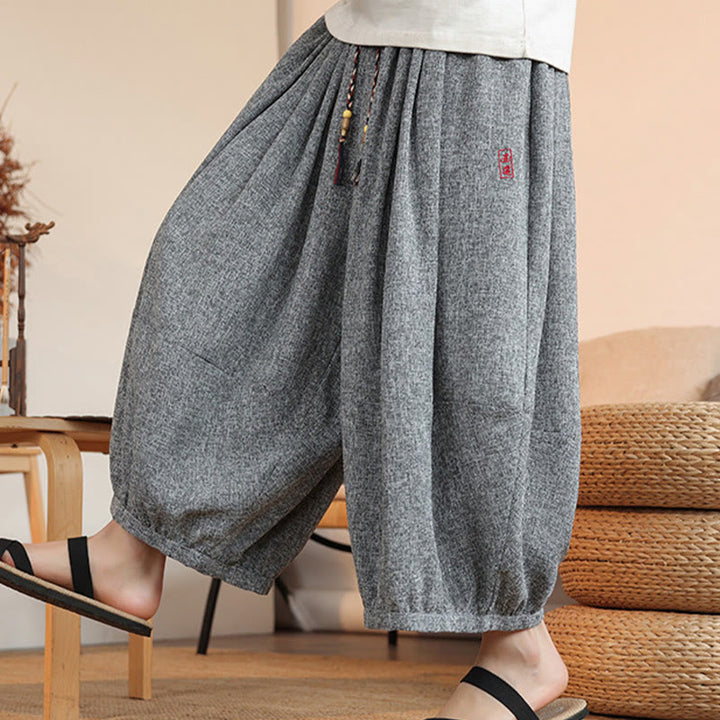 Pantaloni harem da uomo alla caviglia con coulisse, con ricamo Buddha Stones Summer Characters e tasche