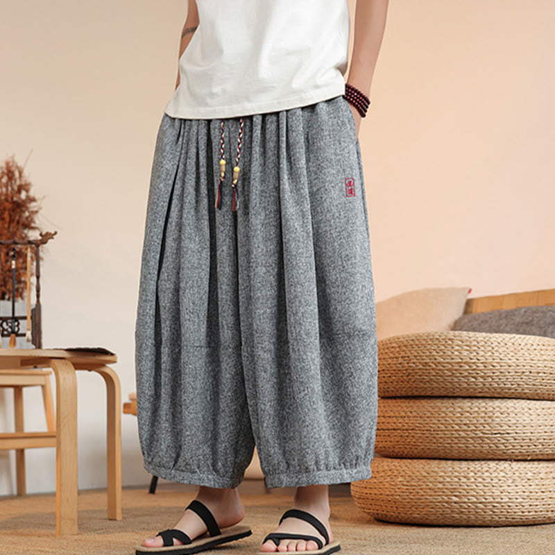 Pantaloni harem da uomo alla caviglia con coulisse, con ricamo Buddha Stones Summer Characters e tasche
