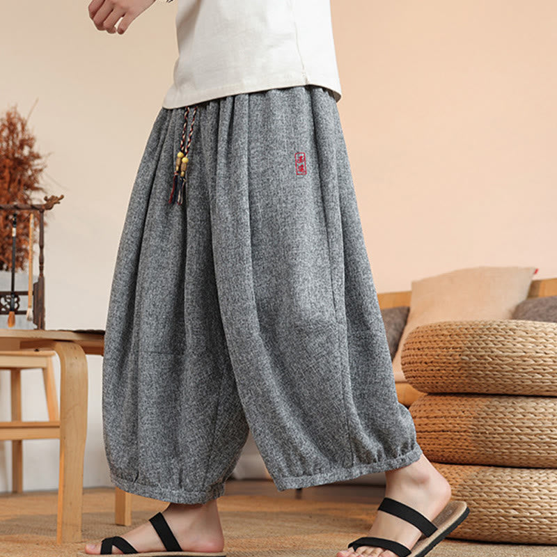 Pantaloni harem da uomo alla caviglia con coulisse, con ricamo Buddha Stones Summer Characters e tasche