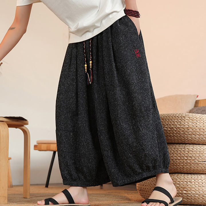 Pantaloni harem da uomo alla caviglia con coulisse, con ricamo Buddha Stones Summer Characters e tasche