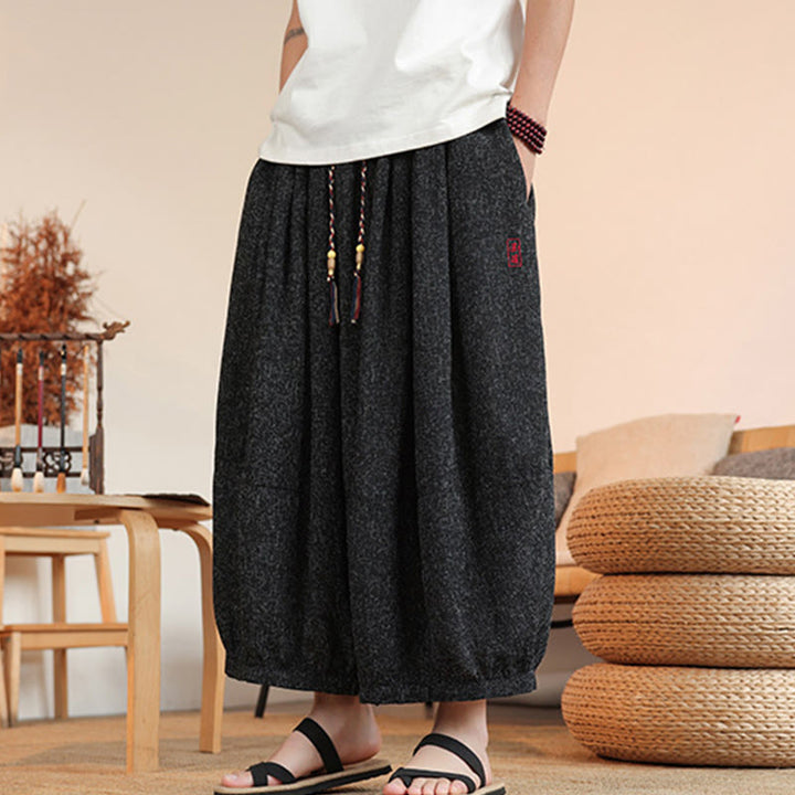 Pantaloni harem da uomo alla caviglia con coulisse, con ricamo Buddha Stones Summer Characters e tasche
