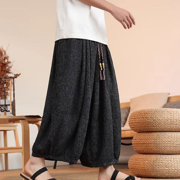 Pantaloni harem da uomo alla caviglia con coulisse, con ricamo Buddha Stones Summer Characters e tasche