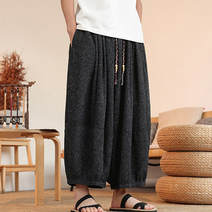 Pantaloni harem da uomo alla caviglia con coulisse, con ricamo Buddha Stones Summer Characters e tasche
