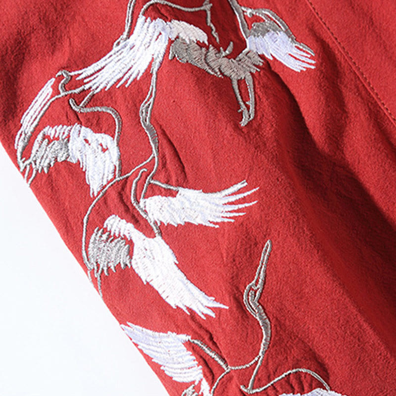 Kimono da uomo in cotone e lino con ricamo Buddha Stones e gru bianche volanti, giacca aperta sul davanti
