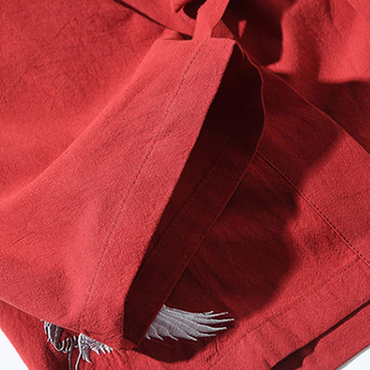 Kimono da uomo in cotone e lino con ricamo Buddha Stones e gru bianche volanti, giacca aperta sul davanti