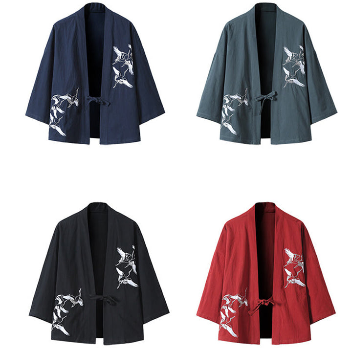 Kimono da uomo in cotone e lino con ricamo Buddha Stones e gru bianche volanti, giacca aperta sul davanti