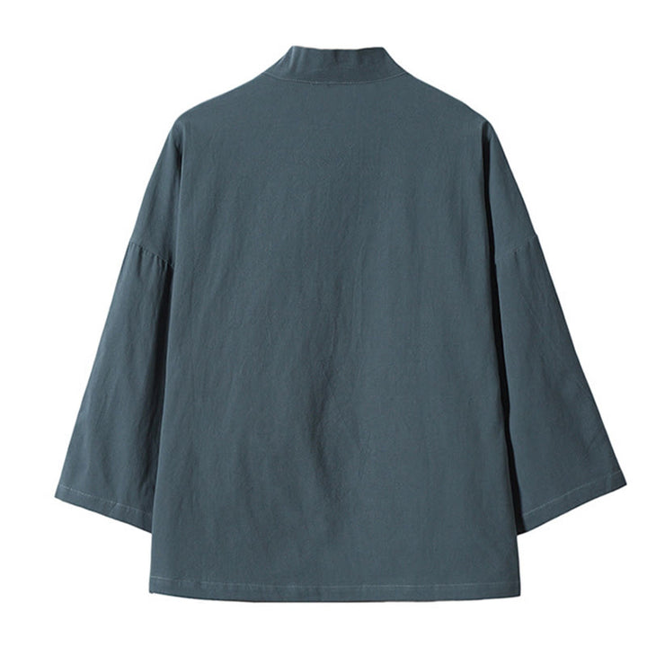 Kimono da uomo in cotone e lino con ricamo Buddha Stones e gru bianche volanti, giacca aperta sul davanti