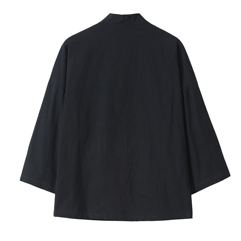 Kimono da uomo in cotone e lino con ricamo Buddha Stones e gru bianche volanti, giacca aperta sul davanti