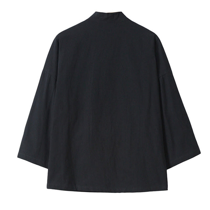 Kimono da uomo in cotone e lino con ricamo Buddha Stones e gru bianche volanti, giacca aperta sul davanti
