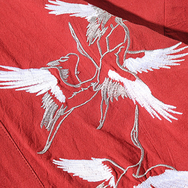 Kimono da uomo in cotone e lino con ricamo Buddha Stones e gru bianche volanti, giacca aperta sul davanti - image 8