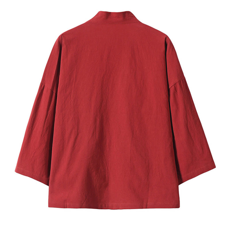 Kimono da uomo in cotone e lino con ricamo Buddha Stones e gru bianche volanti, giacca aperta sul davanti