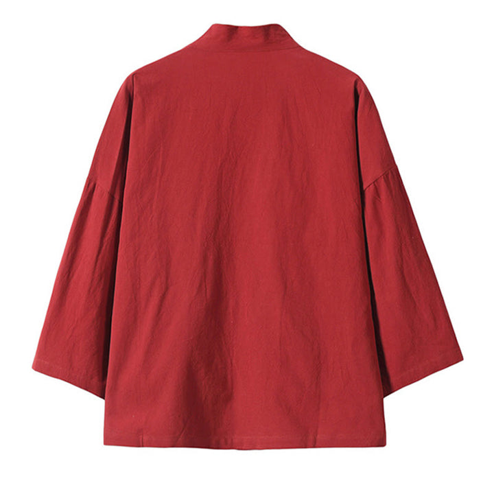 Kimono da uomo in cotone e lino con ricamo Buddha Stones e gru bianche volanti, giacca aperta sul davanti