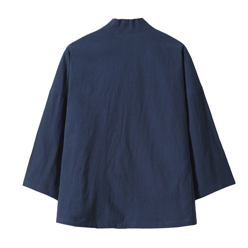 Kimono da uomo in cotone e lino con ricamo Buddha Stones e gru bianche volanti, giacca aperta sul davanti