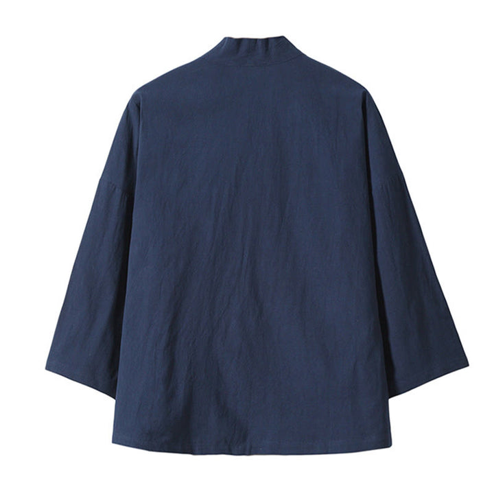 Kimono da uomo in cotone e lino con ricamo Buddha Stones e gru bianche volanti, giacca aperta sul davanti