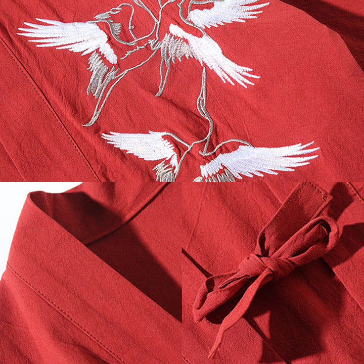 Kimono da uomo in cotone e lino con ricamo Buddha Stones e gru bianche volanti, giacca aperta sul davanti - image 12