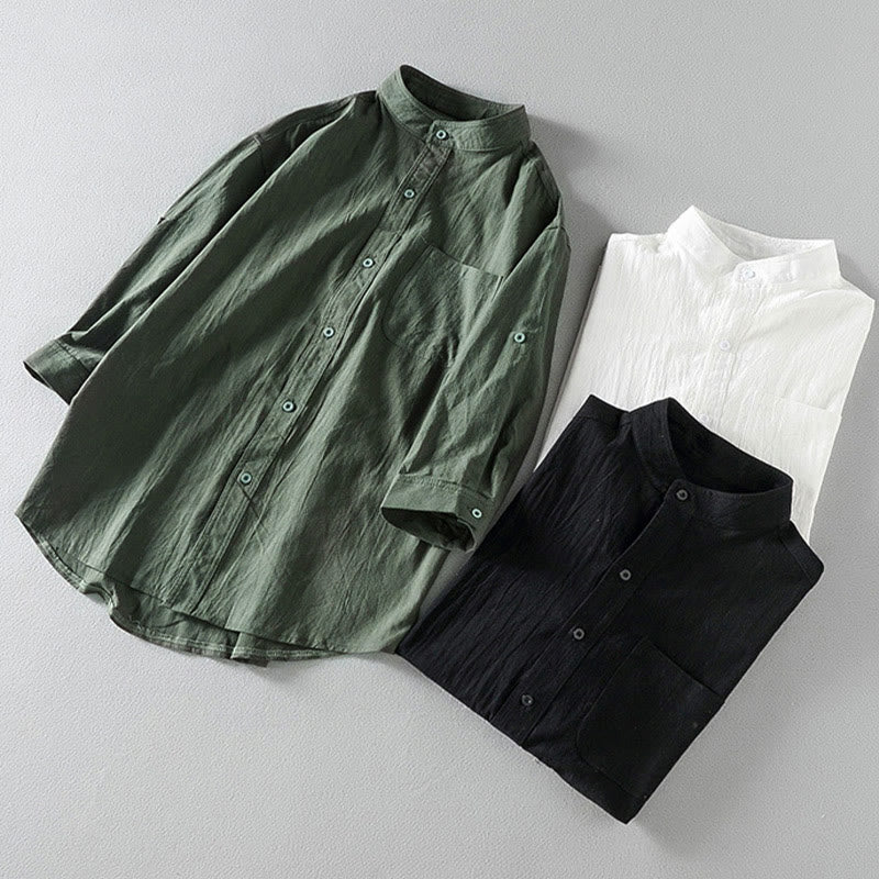 Camicia da uomo in cotone e lino con maniche corte e bottoni, modello Buddha Stones Summer Solid - image 17