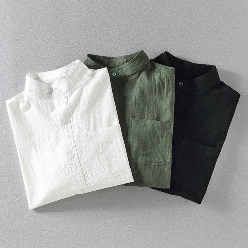 Camicia da uomo in cotone e lino con maniche corte e bottoni, modello Buddha Stones Summer Solid - image 1