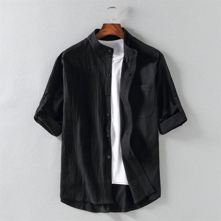 Camicia da uomo in cotone e lino con maniche corte e bottoni, modello Buddha Stones Summer Solid - Nero - US/UK/AU46, EU56 (5XL) - image 0