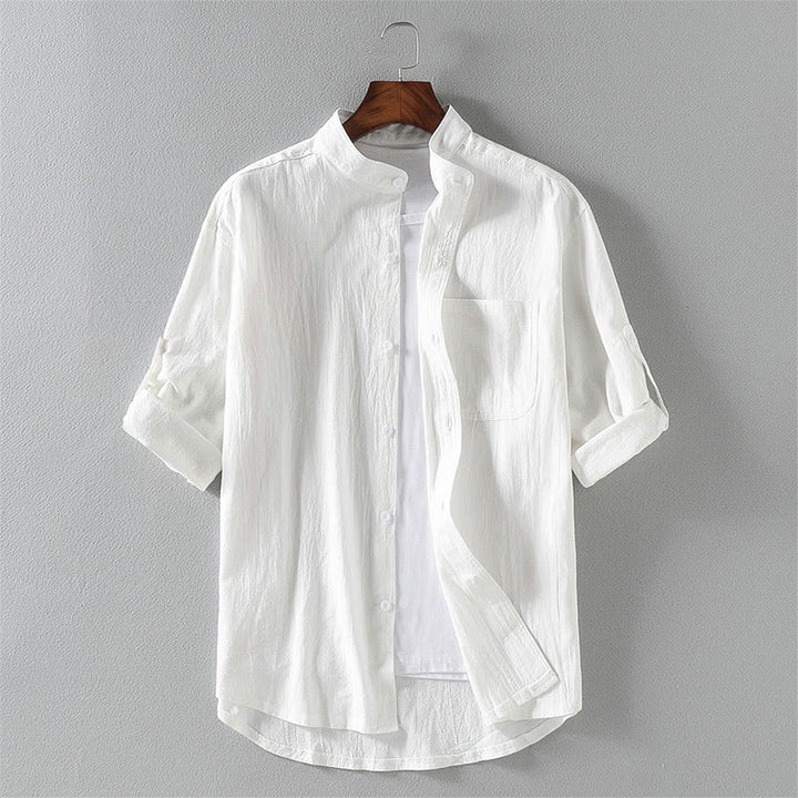 Camicia da uomo in cotone e lino con maniche corte e bottoni, modello Buddha Stones Summer Solid - Bianco - US/UK/AU46, EU56 (5XL) - image 2
