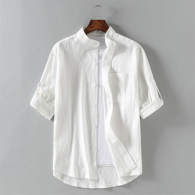 Camicia da uomo in cotone e lino con maniche corte e bottoni, modello Buddha Stones Summer Solid - Bianco - US/UK/AU46, EU56 (5XL) - image 2