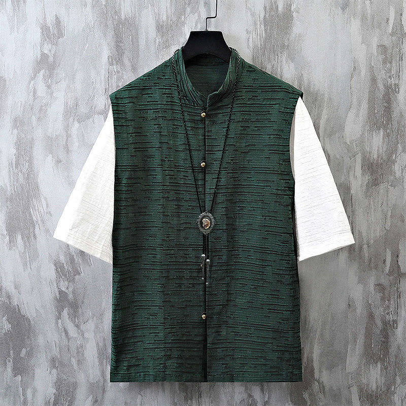 Camicia da uomo in cotone e lino a maniche corte con motivo patchwork estivo Buddha Stones
