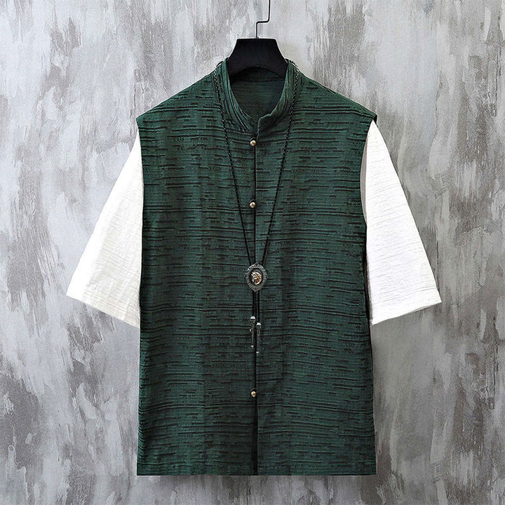 Camicia da uomo in cotone e lino a maniche corte con motivo patchwork estivo Buddha Stones
