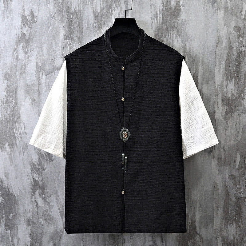 Camicia da uomo in cotone e lino a maniche corte con motivo patchwork estivo Buddha Stones
