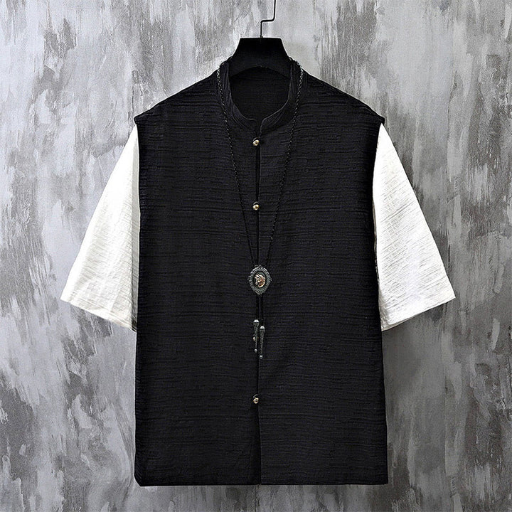 Camicia da uomo in cotone e lino a maniche corte con motivo patchwork estivo Buddha Stones