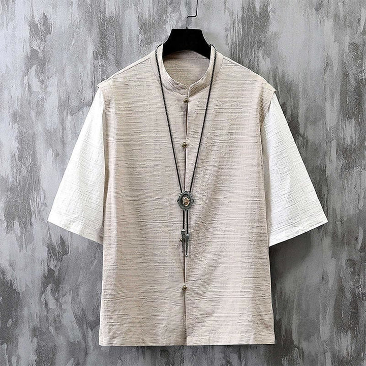 Camicia da uomo in cotone e lino a maniche corte con motivo patchwork estivo Buddha Stones