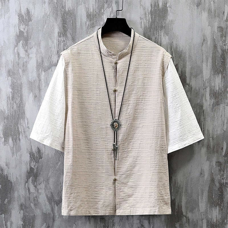 Camicia da uomo in cotone e lino a maniche corte con motivo patchwork estivo Buddha Stones - Biancheria - US/UK/AU48, EU58 (6XL) - image 0