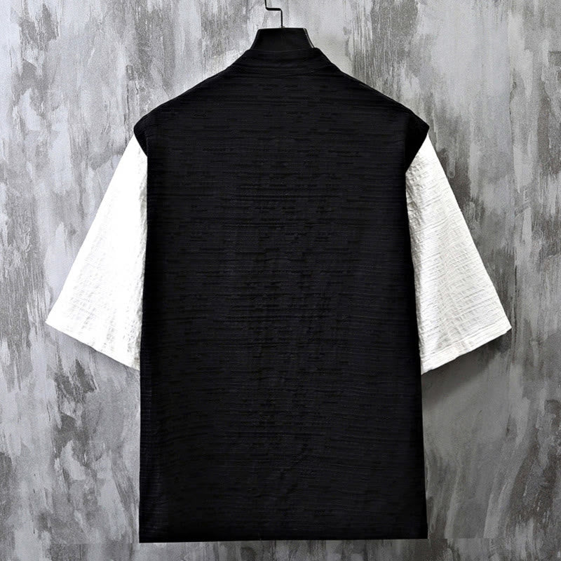 Camicia da uomo in cotone e lino a maniche corte con motivo patchwork estivo Buddha Stones
