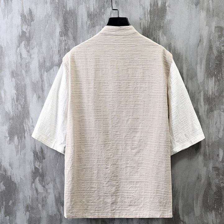 Camicia da uomo in cotone e lino a maniche corte con motivo patchwork estivo Buddha Stones