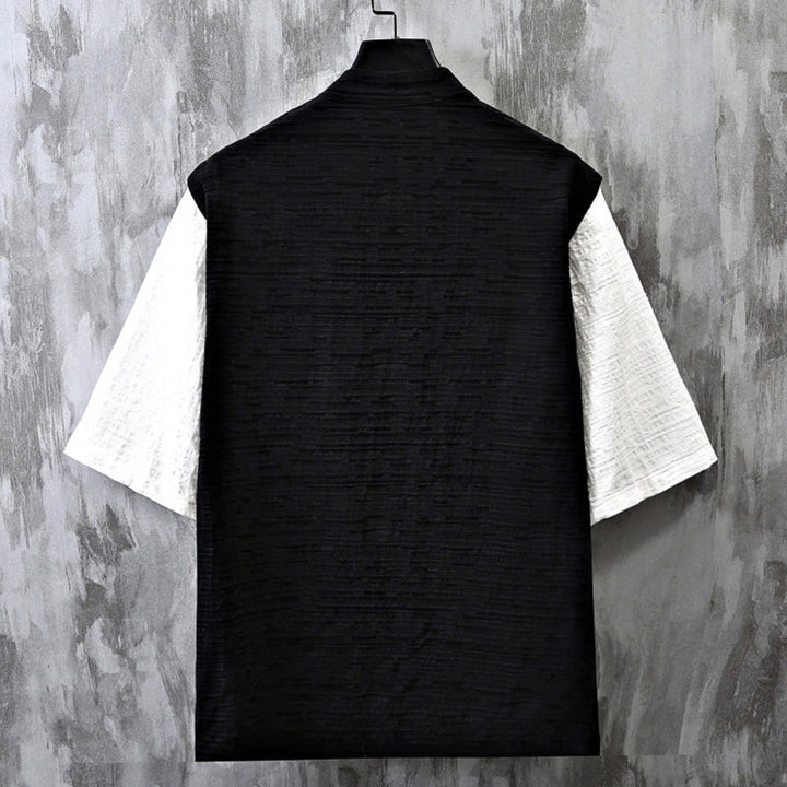 Camicia da uomo in cotone e lino a maniche corte con motivo patchwork estivo Buddha Stones - image 3