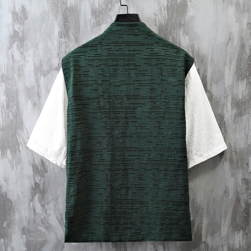 Camicia da uomo in cotone e lino a maniche corte con motivo patchwork estivo Buddha Stones