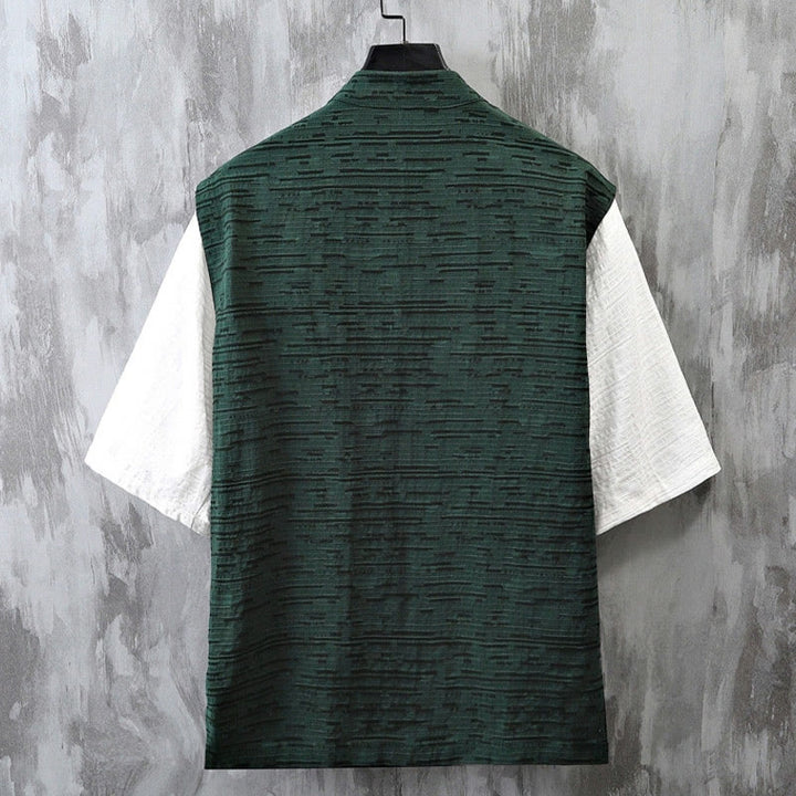Camicia da uomo in cotone e lino a maniche corte con motivo patchwork estivo Buddha Stones