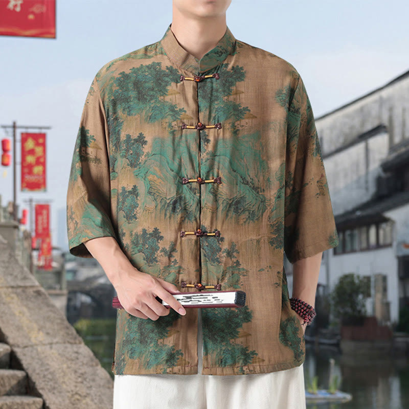 Camicia da uomo in cotone e lino con bottoni, a mezza manica, motivo : Buddha Stones, drago, nuvole di buon auspicio, montagne verdi, rana cinese