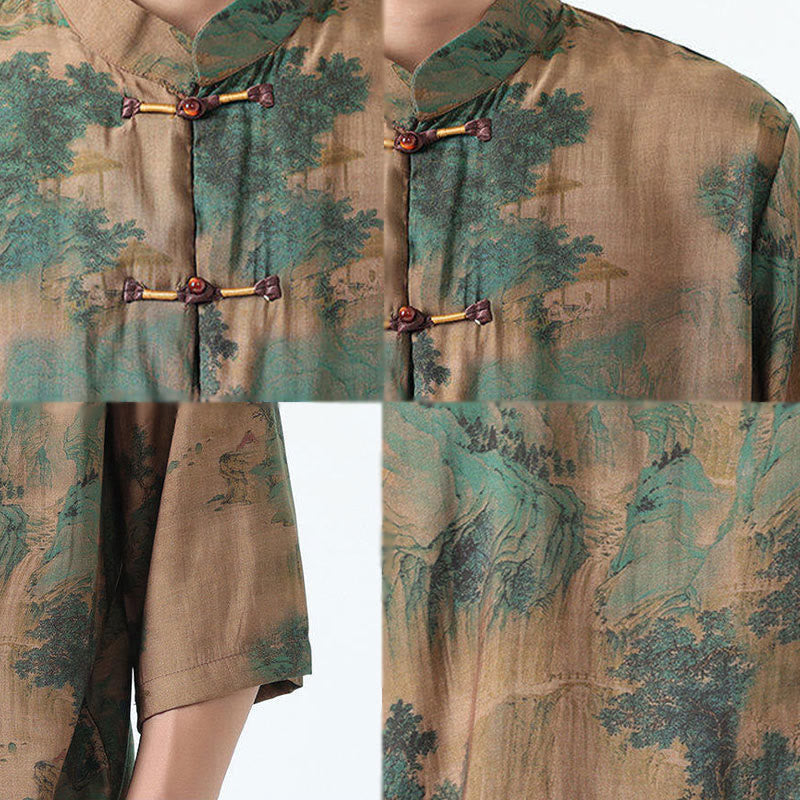 Camicia da uomo in cotone e lino con bottoni, a mezza manica, motivo : Buddha Stones, drago, nuvole di buon auspicio, montagne verdi, rana cinese