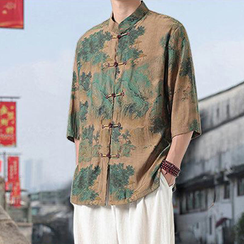 Camicia da uomo in cotone e lino con bottoni, a mezza manica, motivo : Buddha Stones, drago, nuvole di buon auspicio, montagne verdi, rana cinese