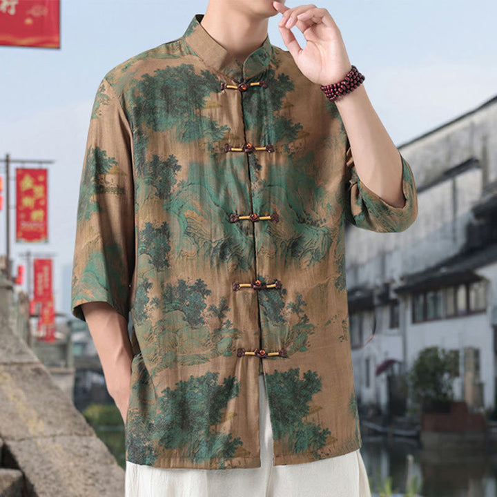 Camicia da uomo in cotone e lino con bottoni, a mezza manica, motivo : Buddha Stones, drago, nuvole di buon auspicio, montagne verdi, rana cinese