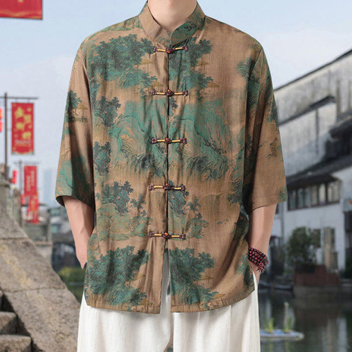 Camicia da uomo in cotone e lino con bottoni, a mezza manica, motivo : Buddha Stones, drago, nuvole di buon auspicio, montagne verdi, rana cinese